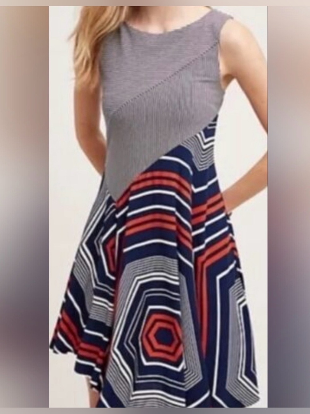 Anthropologie Maeve Asymmetrical Geometric Red White and Blue Dress